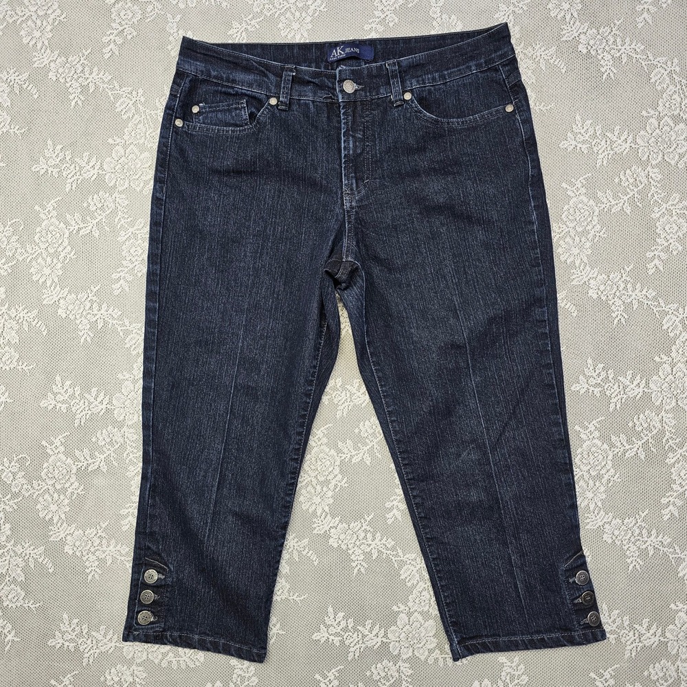 Ann Klein Denim Capri Jeans Womens 12 Pants Dark Wash Button Accent Flap‎ Pocket